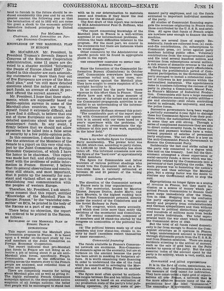 Remarks in the Congressional Record of the Senate - June 14, 1950, Pages 8691-8700, 8707-8718