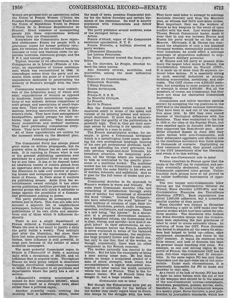 Remarks in the Congressional Record of the Senate - June 14, 1950, Pages 8691-8700, 8707-8718