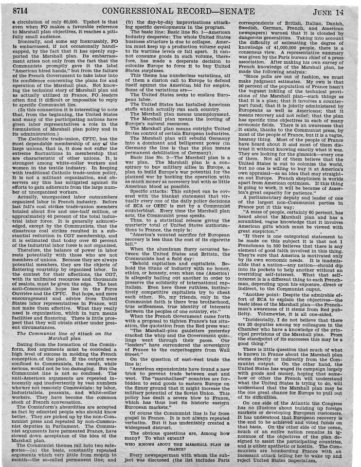 Remarks in the Congressional Record of the Senate - June 14, 1950, Pages 8691-8700, 8707-8718