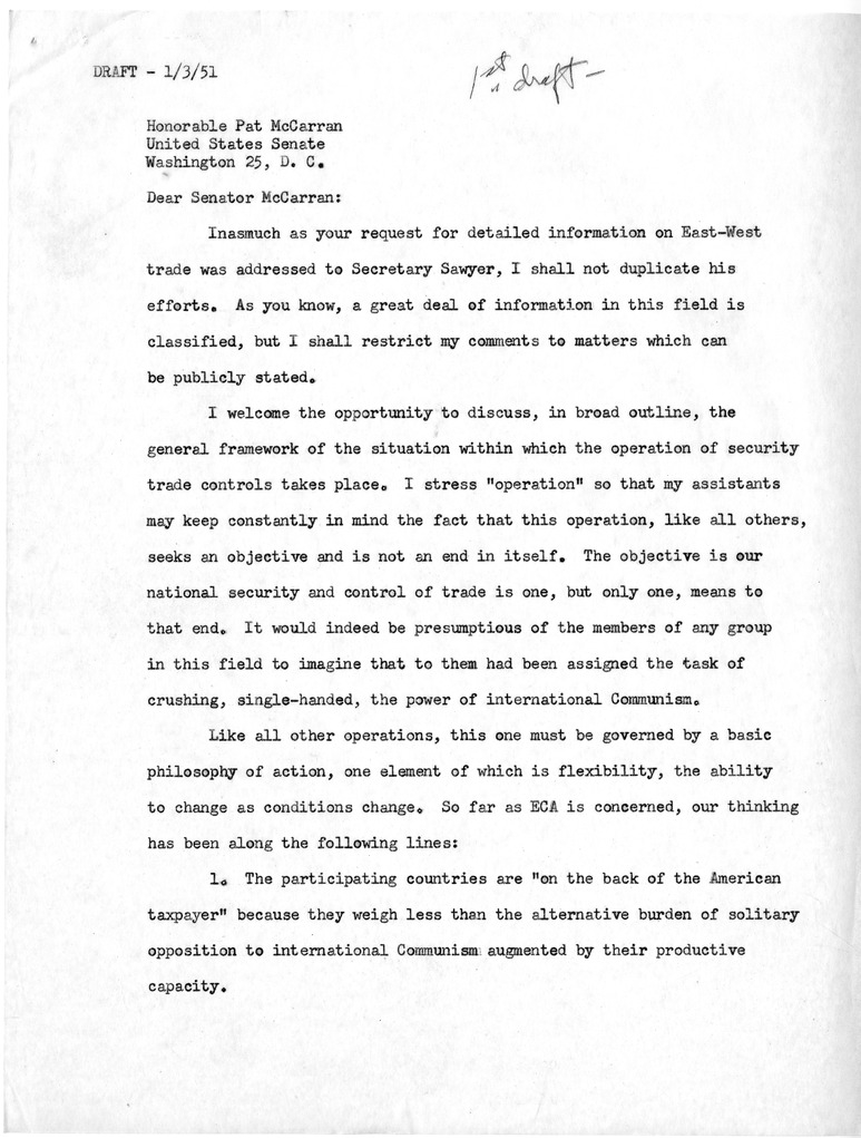 Memorandum from Robert N. Golding to W. C. Foster with Attached Draft Letter to Senator Pat McCarran