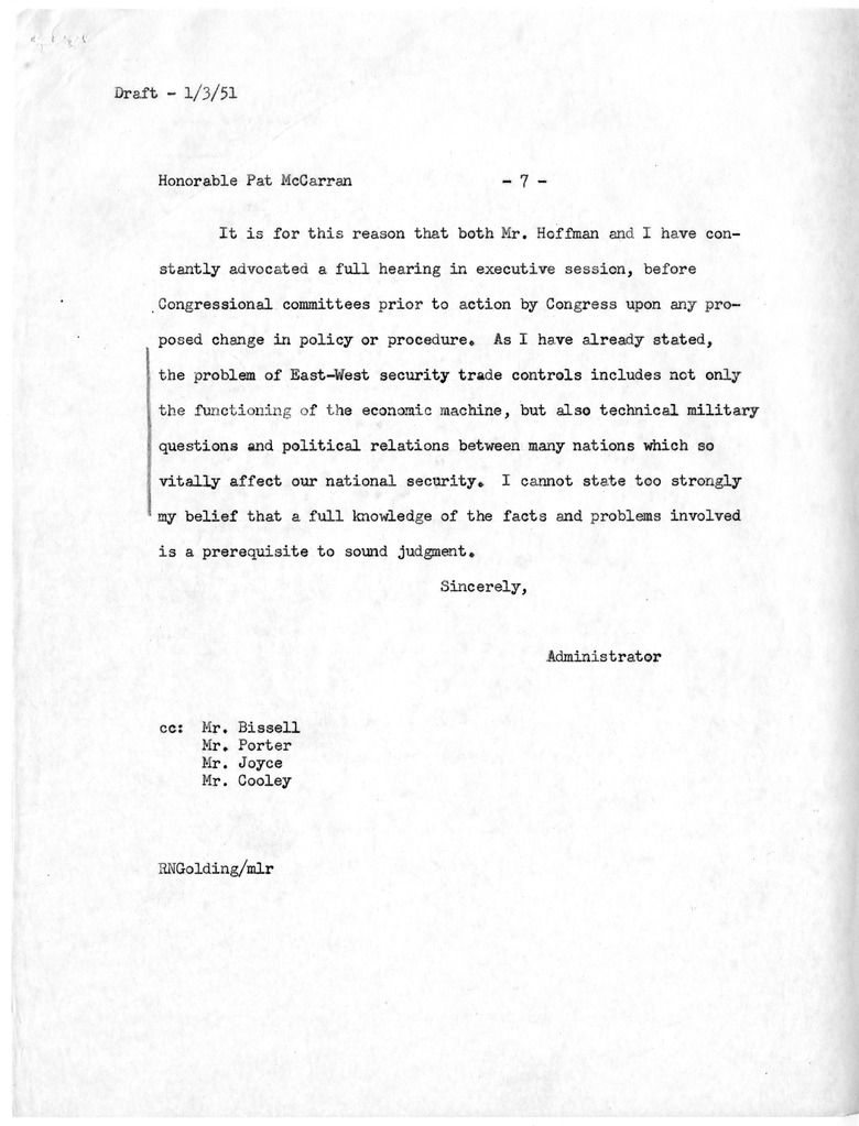 Memorandum from Robert N. Golding to W. C. Foster with Attached Draft Letter to Senator Pat McCarran