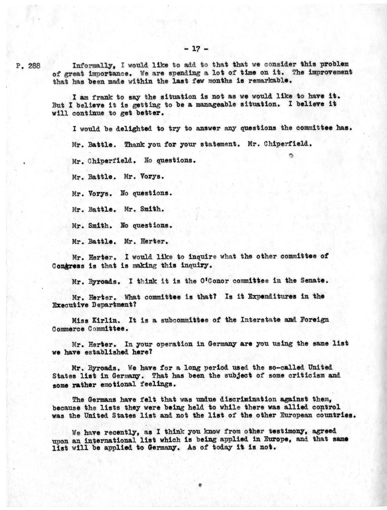 Transcript of Executive Session of the United States Senate Committee on Interstate and Foreign Commerce, Subcommittee on Export Policies and Controls, Washington D.C., March 2, 1951