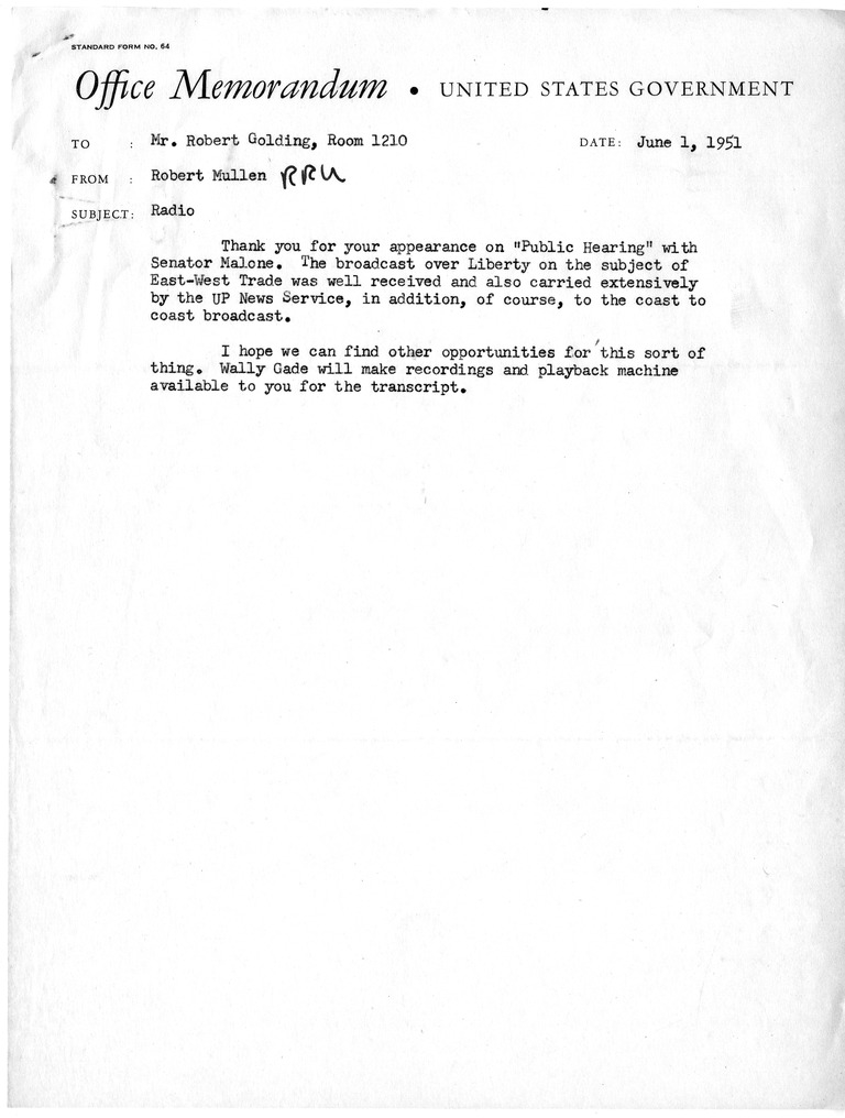 Memorandum from Wallace Gade to Robert N. Golding with Attachments