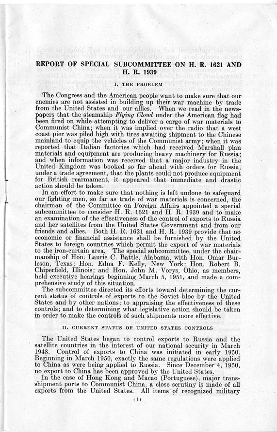 Report, Control of Exports to the Soviet Bloc - Report of the Special Subcommittee of the Committee on Foreign Affairs on H. R. 1621 and H. R. 1939