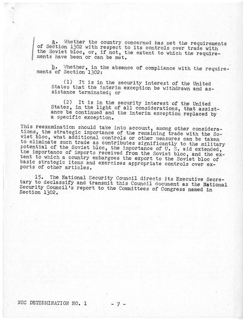 NSC Determination Number 1 Report by the National Security Council Regarding An Interim General Exception Under Section 1302 of the Third Supplemental Appropriation Act, 1951