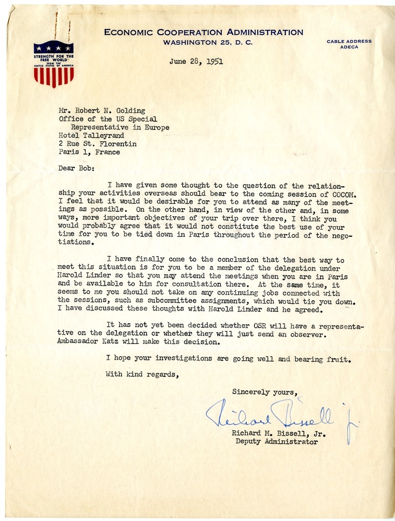 Correspondence from Richard M. Bissell, Jr. to Robert N. Golding, with Attachments
