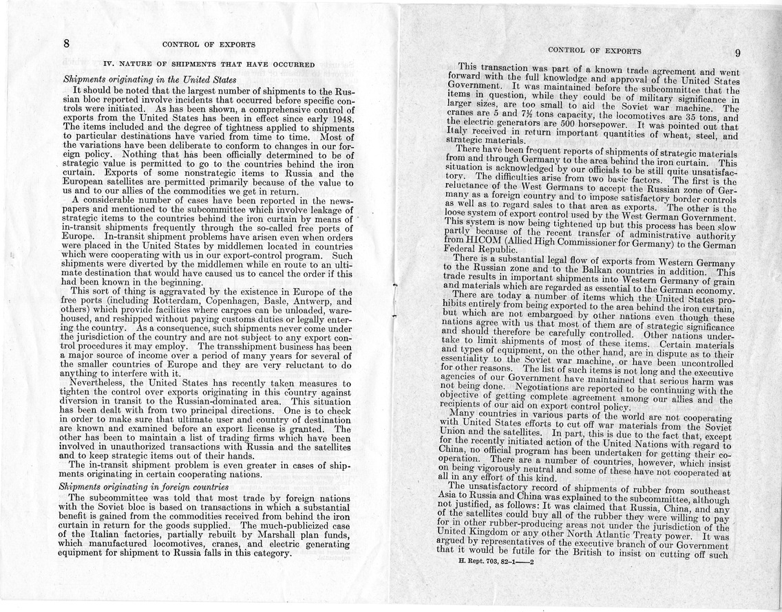 Report Number 703, Submitted by Congressman Laurie C. Battle, Providing for the Control by the United States and Cooperating Foreign Nations of Exports to Any Nation or Combination of Nations Threatening the Security of the United States, Including the Union of Soviet Socialist Republics and All Countries Under its Domination