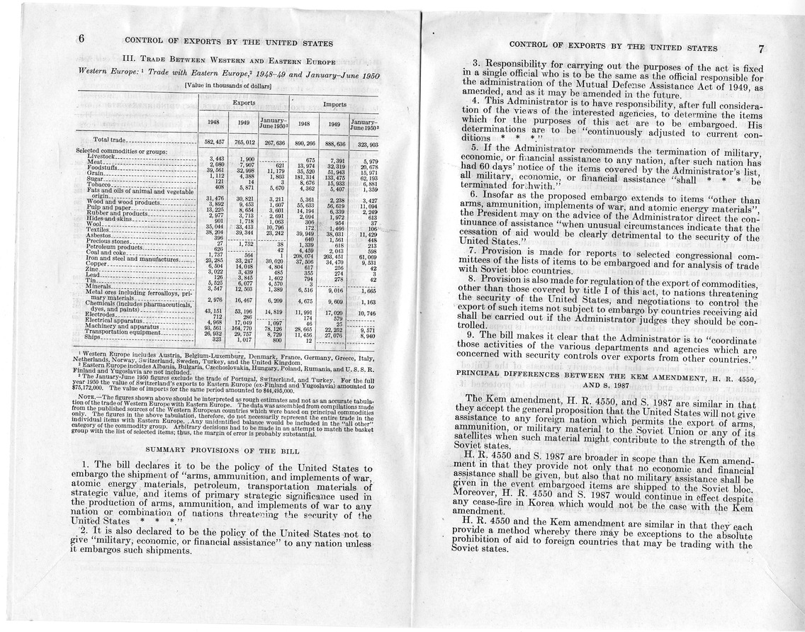 Senate Report Number 658, Submitted by Senator John Sparkman, Providing for the Control by the United States and Cooperating Foreign Nations of Exports to Any Nation or Combination of Nations Threatening the Security of the United States, Including the Union of Soviet Socialist Republics and All Countries Under its Domination