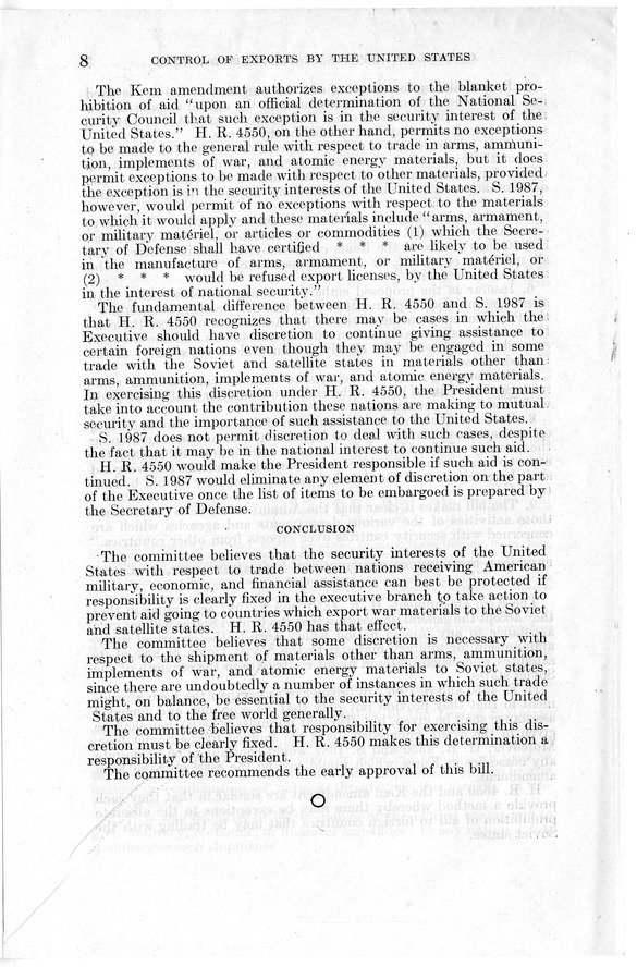 Senate Report Number 658, Submitted by Senator John Sparkman, Providing for the Control by the United States and Cooperating Foreign Nations of Exports to Any Nation or Combination of Nations Threatening the Security of the United States, Including the Union of Soviet Socialist Republics and All Countries Under its Domination