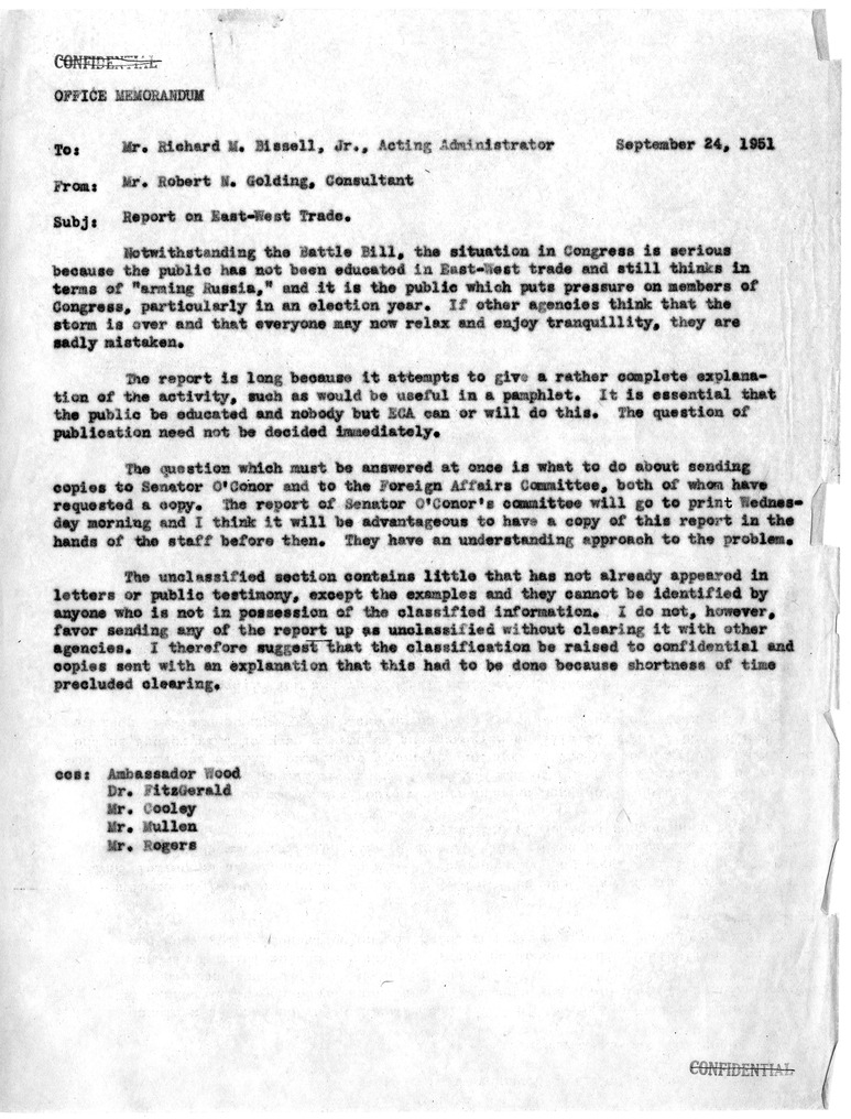 Memorandum from Robert N. Golding to Richard M. Bissell, Jr., with Attachments