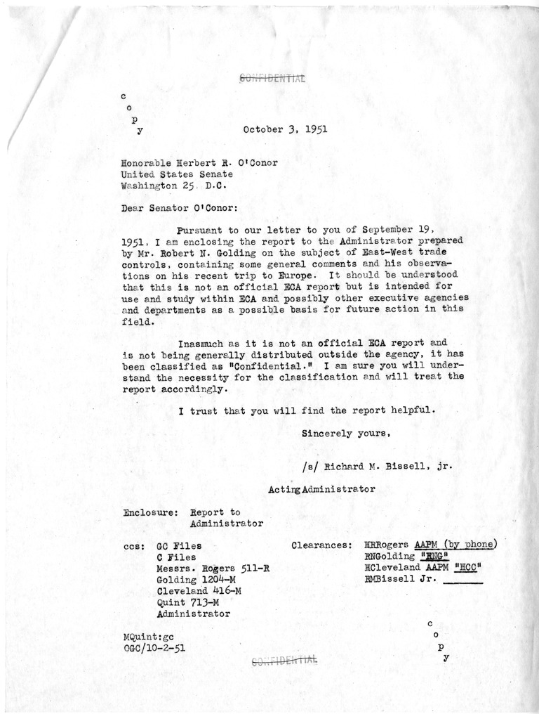 Memorandum from Robert N. Golding to Richard M. Bissell, Jr., with Attachments