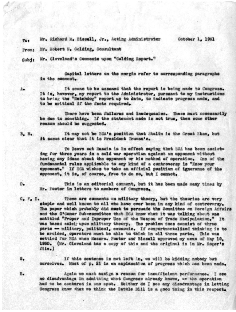Memorandum from Robert N. Golding to Richard M. Bissell, Jr.