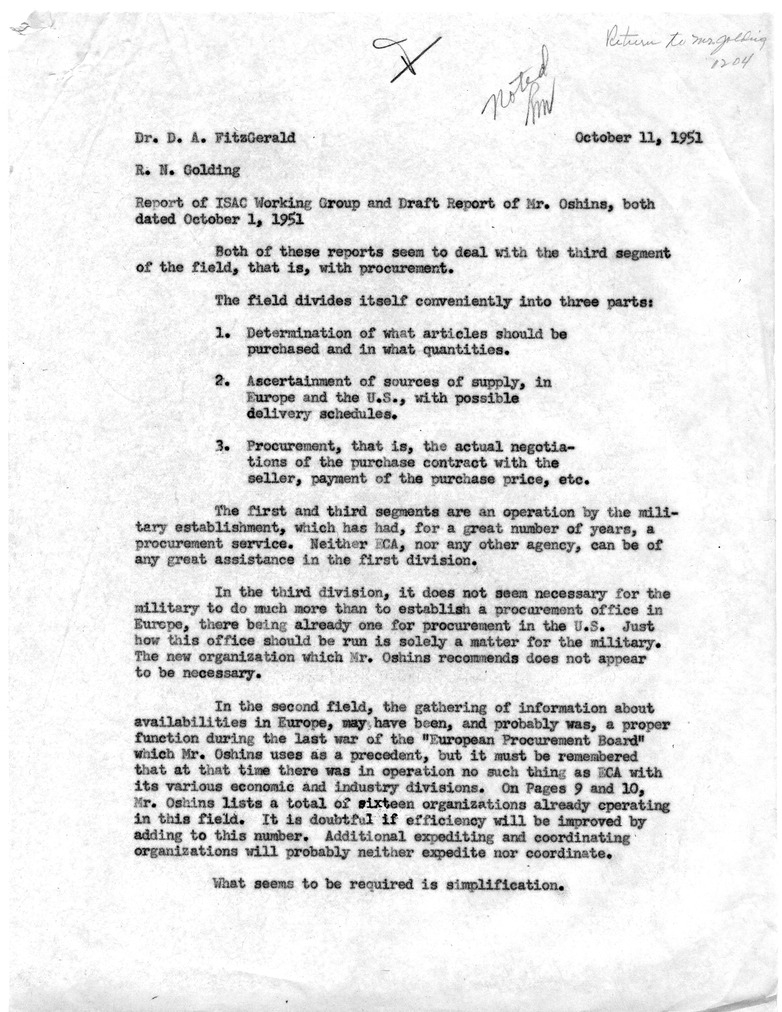 Memorandum from Robert N. Golding to D. A. FitzGerald