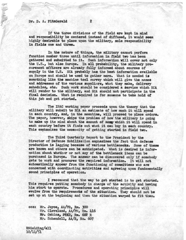 Memorandum from Robert N. Golding to D. A. FitzGerald