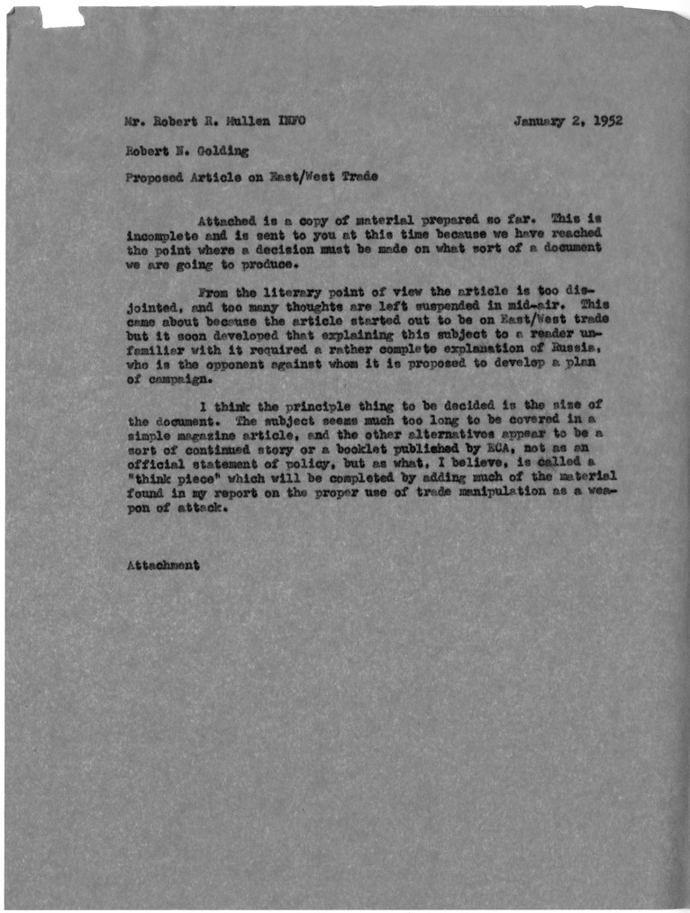 Memorandum from Robert N. Golding to Robert R. Mullen, with Attached Proposed Article on East/West Trade