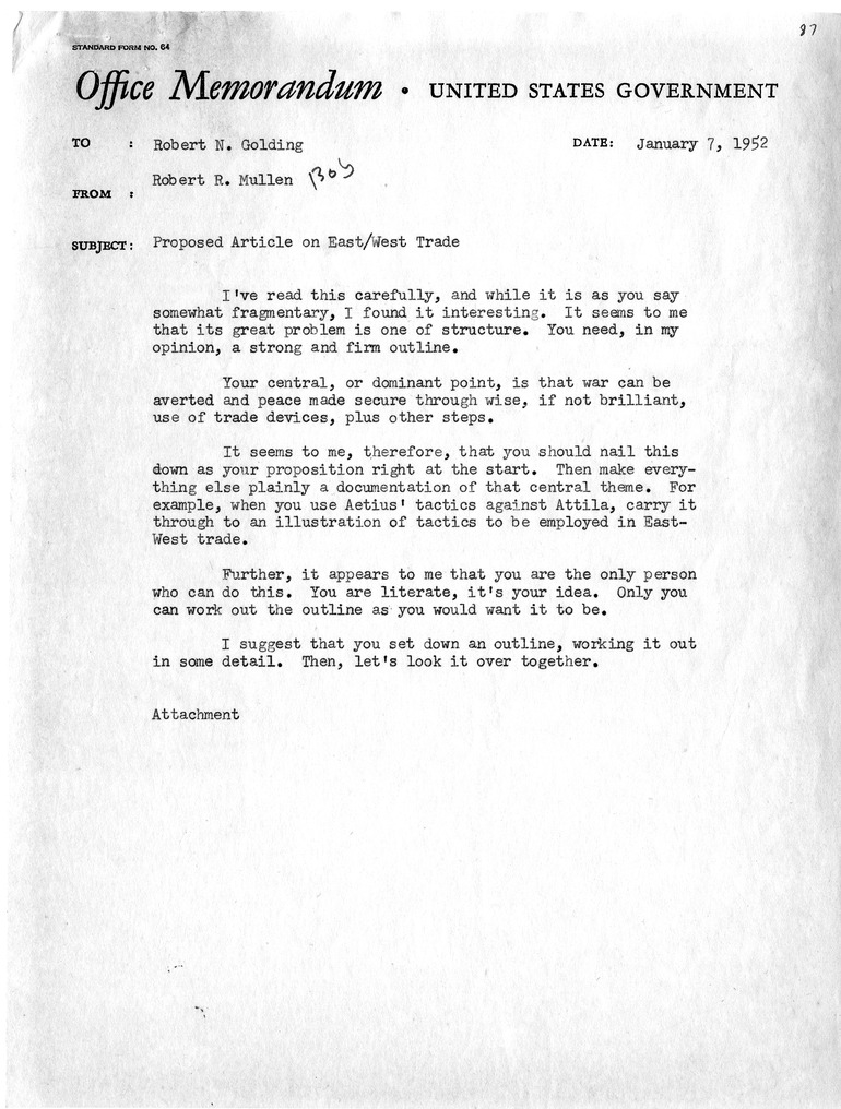 Correspondence Between Robert R. Mullen and Robert N. Golding with Attached Proposed Article on East/West Trade