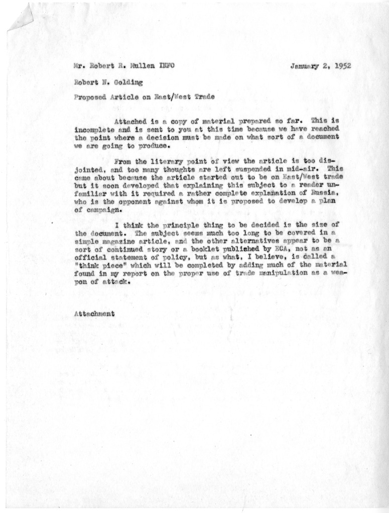 Correspondence Between Robert R. Mullen and Robert N. Golding with Attached Proposed Article on East/West Trade