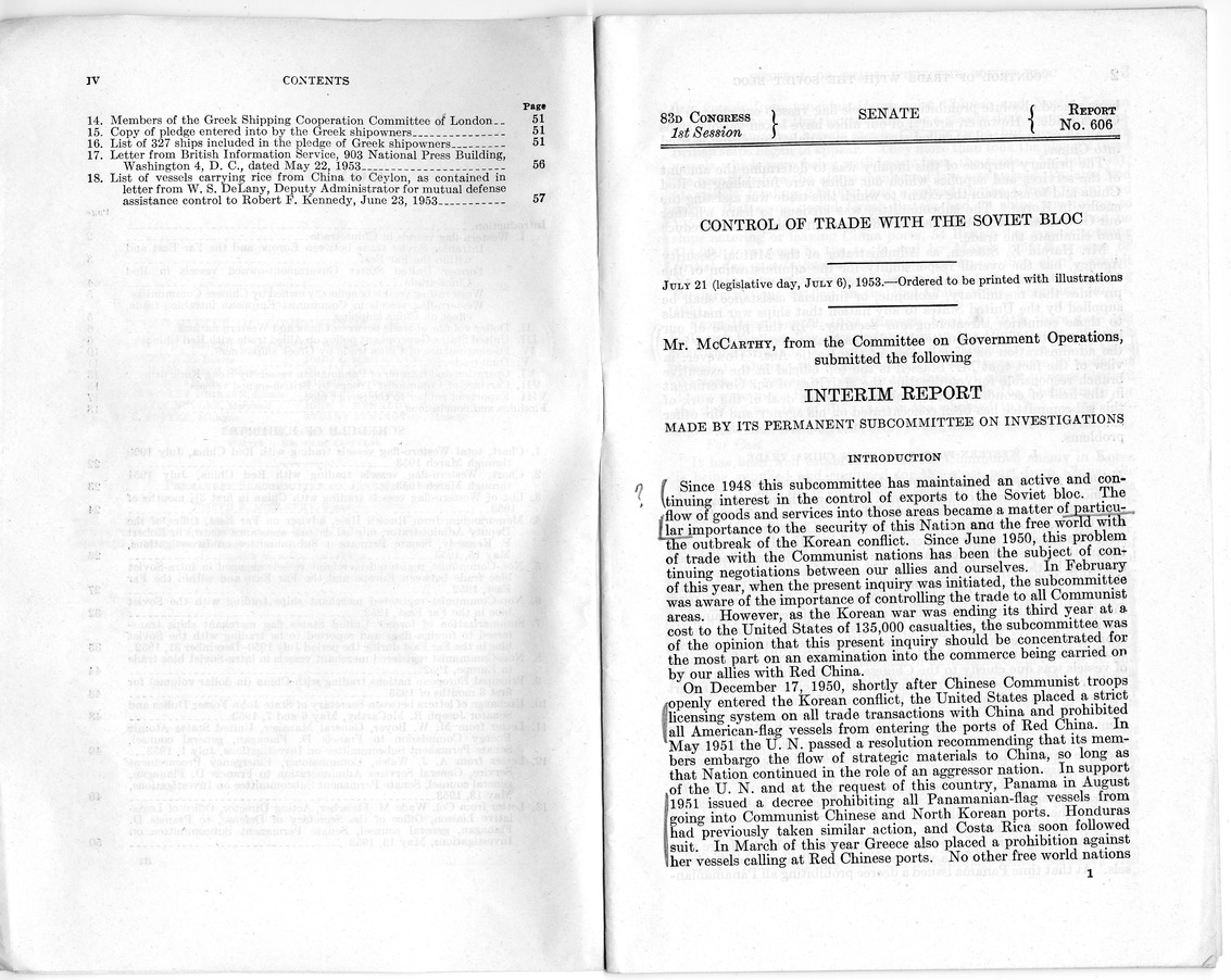 Report Number 606, Control of Trade with the Soviet Bloc - Interim Report of the Committee on Government Operations Made by the Senate Permanent Subcommittee on Investigations