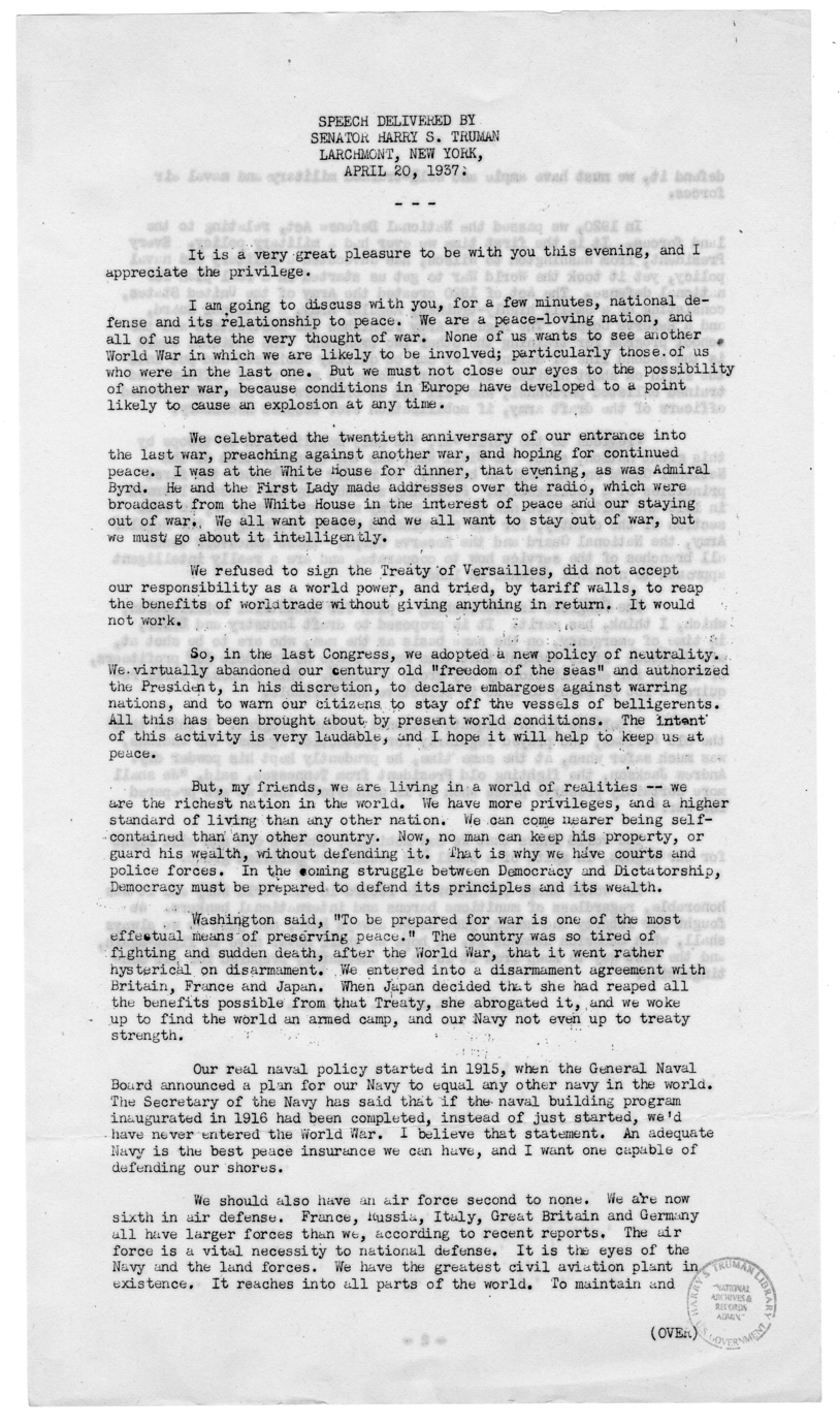 Speech by Senator Harry S. Truman, Larchmont, New York