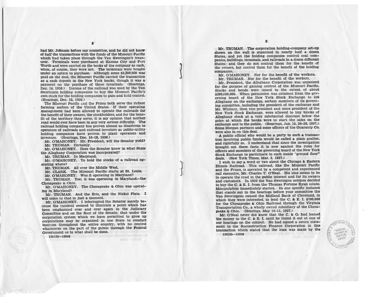 Speech of Senator Harry S. Truman, "Railroad Financing"