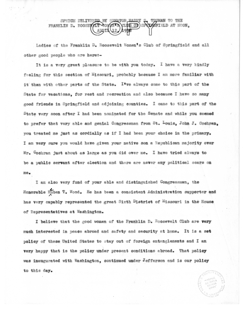 Speech Delivered by Senator Harry S. Truman to the Franklin D. Roosevelt Women's Club of Springfield, Missouri