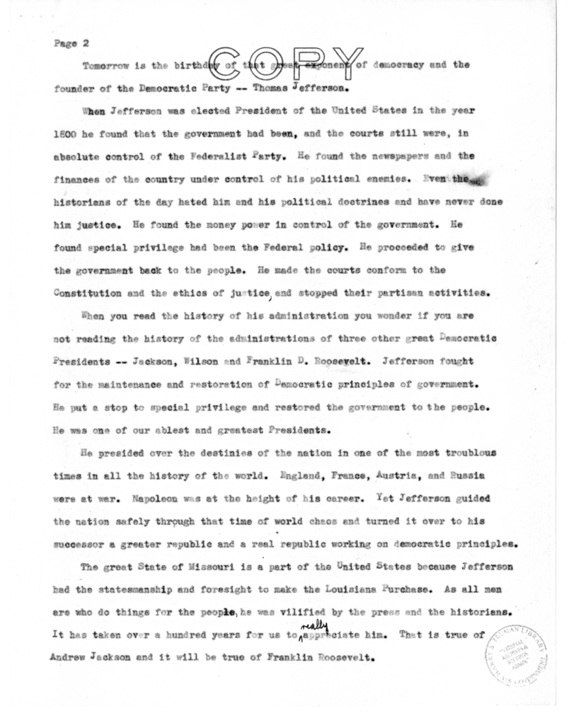 Speech Delivered by Senator Harry S. Truman to the Franklin D. Roosevelt Women's Club of Springfield, Missouri