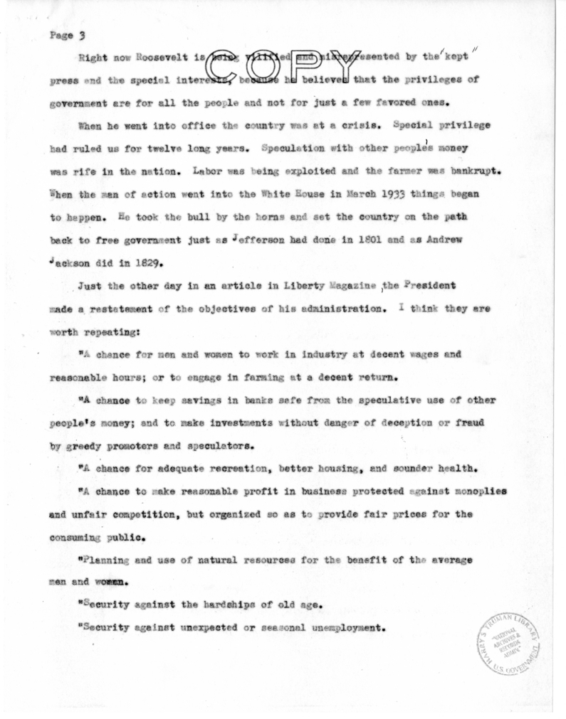 Speech Delivered by Senator Harry S. Truman to the Franklin D. Roosevelt Women's Club of Springfield, Missouri