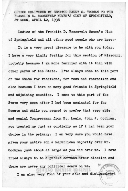 Speech Delivered by Senator Harry S. Truman to the Franklin D. Roosevelt Women's Club of Springfield, Missouri