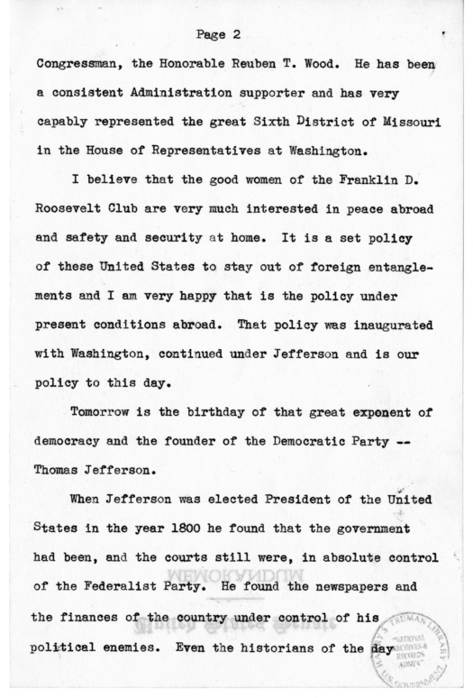 Speech Delivered by Senator Harry S. Truman to the Franklin D. Roosevelt Women's Club of Springfield, Missouri