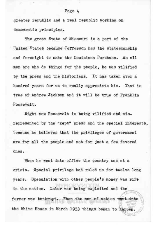 Speech Delivered by Senator Harry S. Truman to the Franklin D. Roosevelt Women's Club of Springfield, Missouri