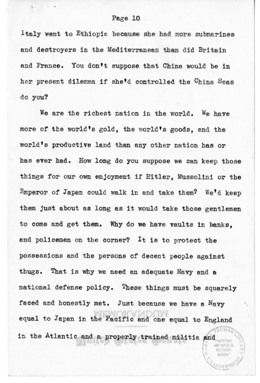 Speech Delivered by Senator Harry S. Truman to the Franklin D. Roosevelt Women's Club of Springfield, Missouri