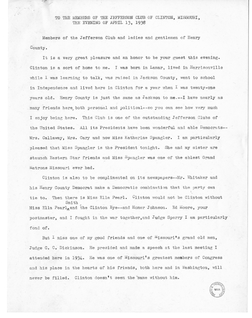 Speech Delivered by Senator Harry S. Truman at Clinton, Missouri
