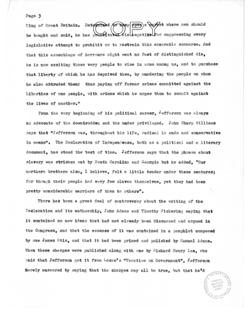 Speech of Harry S. Truman to Members of the Jefferson Club of Clinton, Missouri