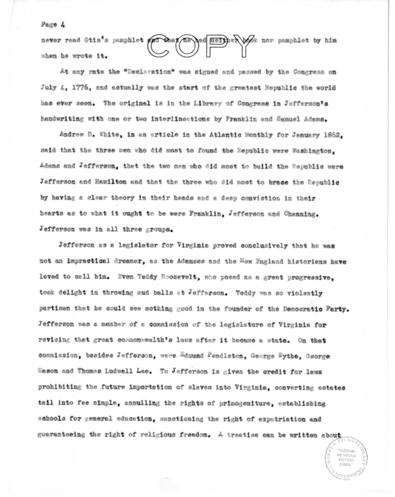 Speech of Harry S. Truman to Members of the Jefferson Club of Clinton, Missouri