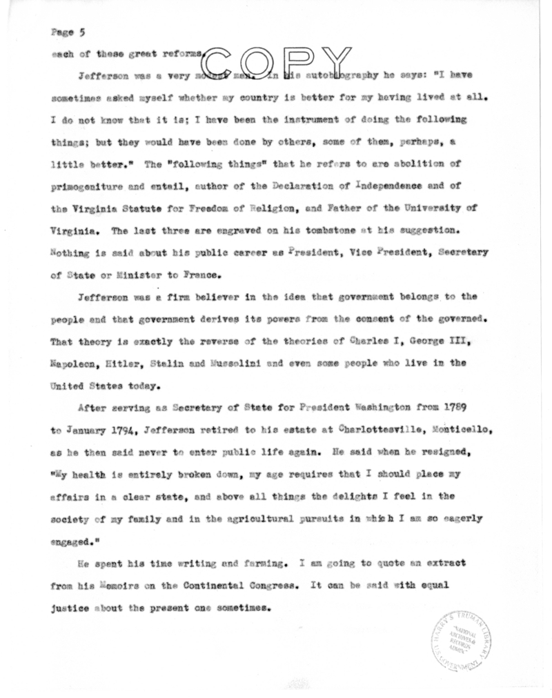 Speech of Harry S. Truman to Members of the Jefferson Club of Clinton, Missouri