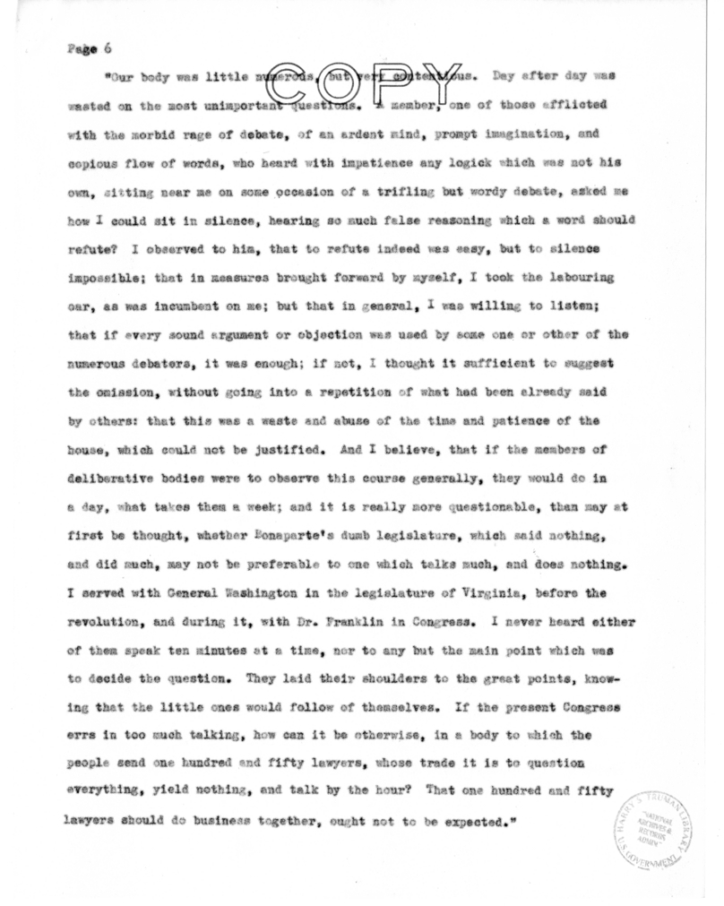 Speech of Harry S. Truman to Members of the Jefferson Club of Clinton, Missouri