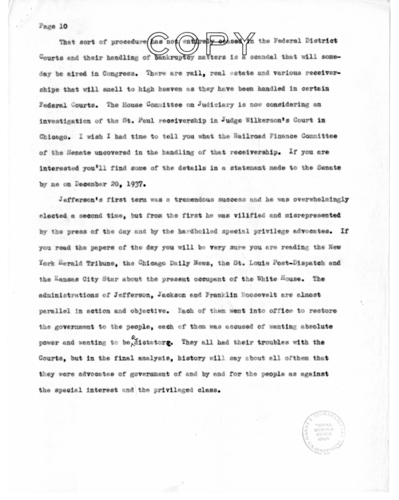 Speech of Harry S. Truman to Members of the Jefferson Club of Clinton, Missouri