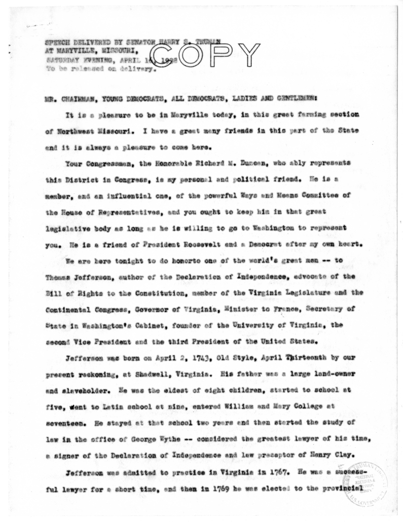 Speech Delivered by Senator Harry S. Truman at Maryville, Missouri
