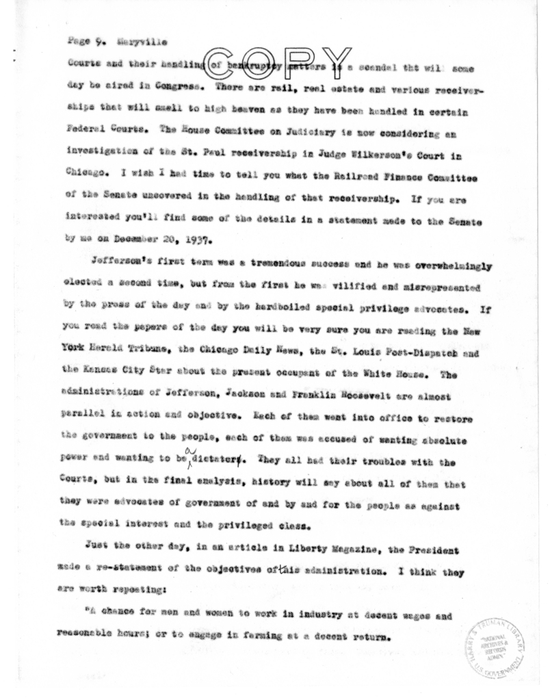 Speech Delivered by Senator Harry S. Truman at Maryville, Missouri