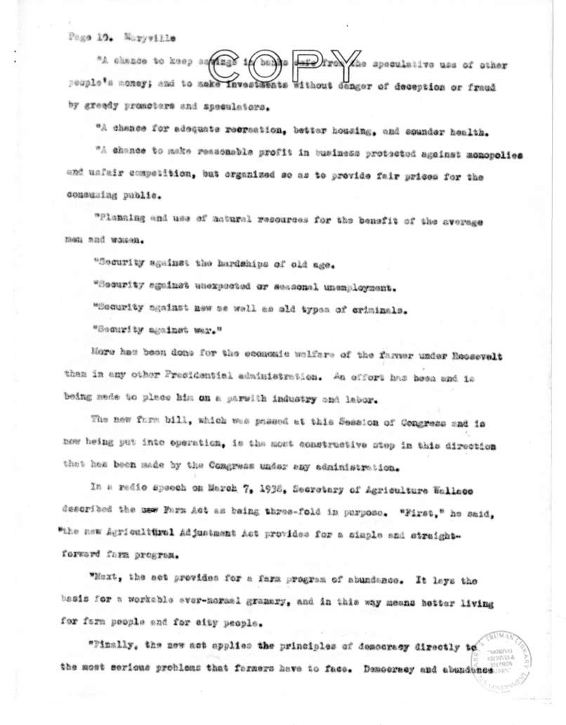 Speech Delivered by Senator Harry S. Truman at Maryville, Missouri
