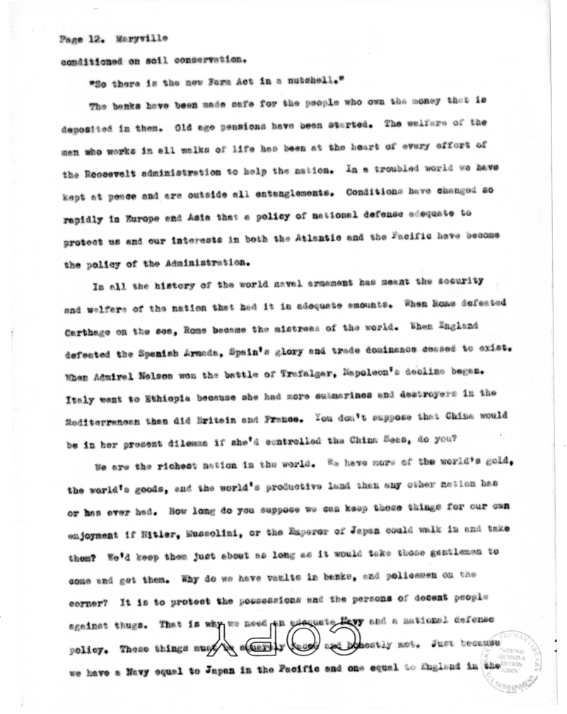 Speech Delivered by Senator Harry S. Truman at Maryville, Missouri