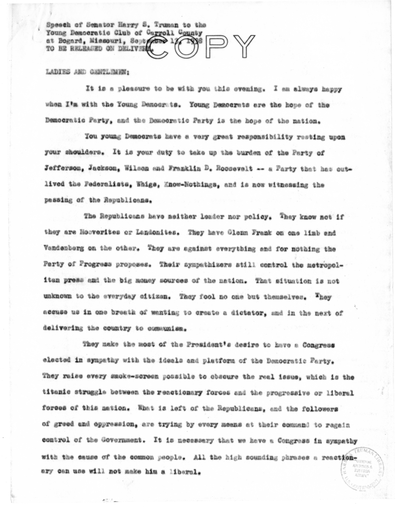 Speech of Senator Harry S. Truman to the Young Democratic Club of Carroll County at Bogard, Missouri