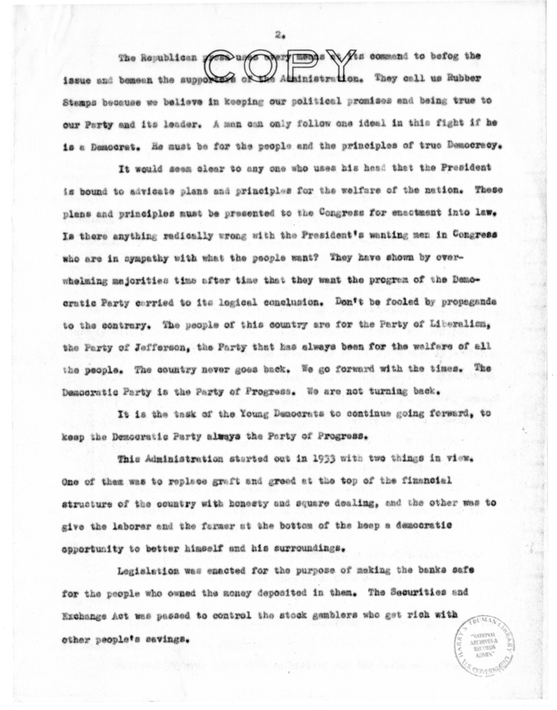 Speech of Senator Harry S. Truman to the Young Democratic Club of Carroll County at Bogard, Missouri