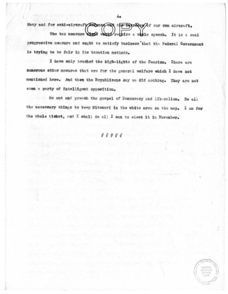 Speech of Senator Harry S. Truman to the Young Democratic Club of Carroll County at Bogard, Missouri