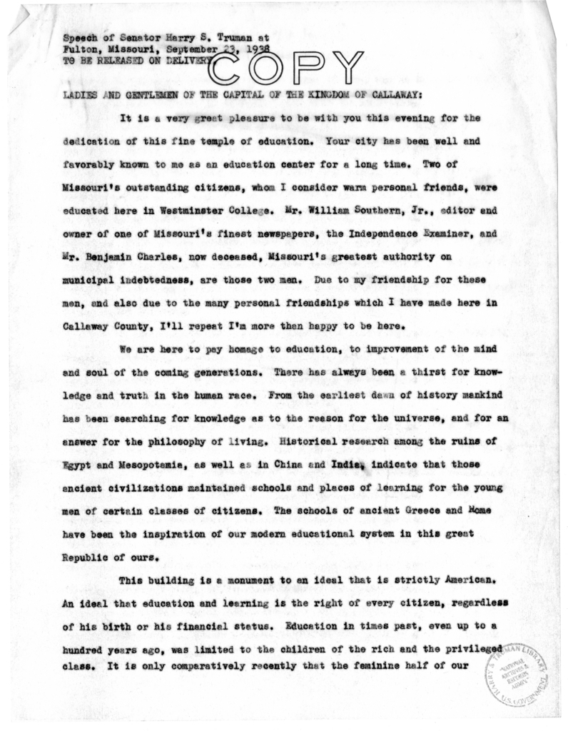 Speech of Senator Harry S. Truman at Fulton, Missouri