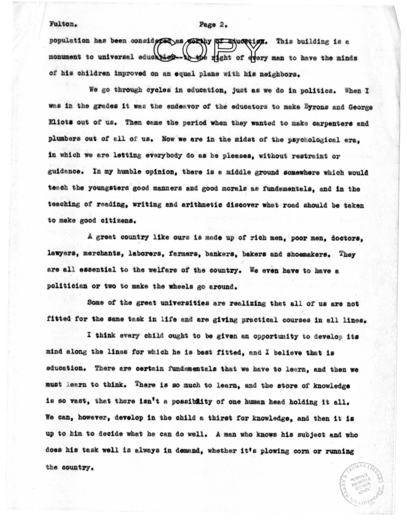 Speech of Senator Harry S. Truman at Fulton, Missouri