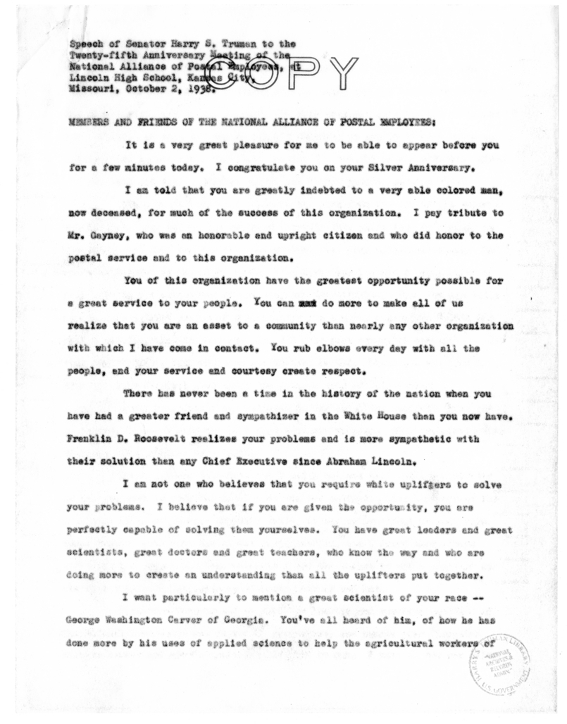 Speech of Senator Harry S. Truman to the Twenty-Fifth Anniversary Meeting of the National Alliance of Postal Employees at Lincoln High School, Kansas City, Missouri