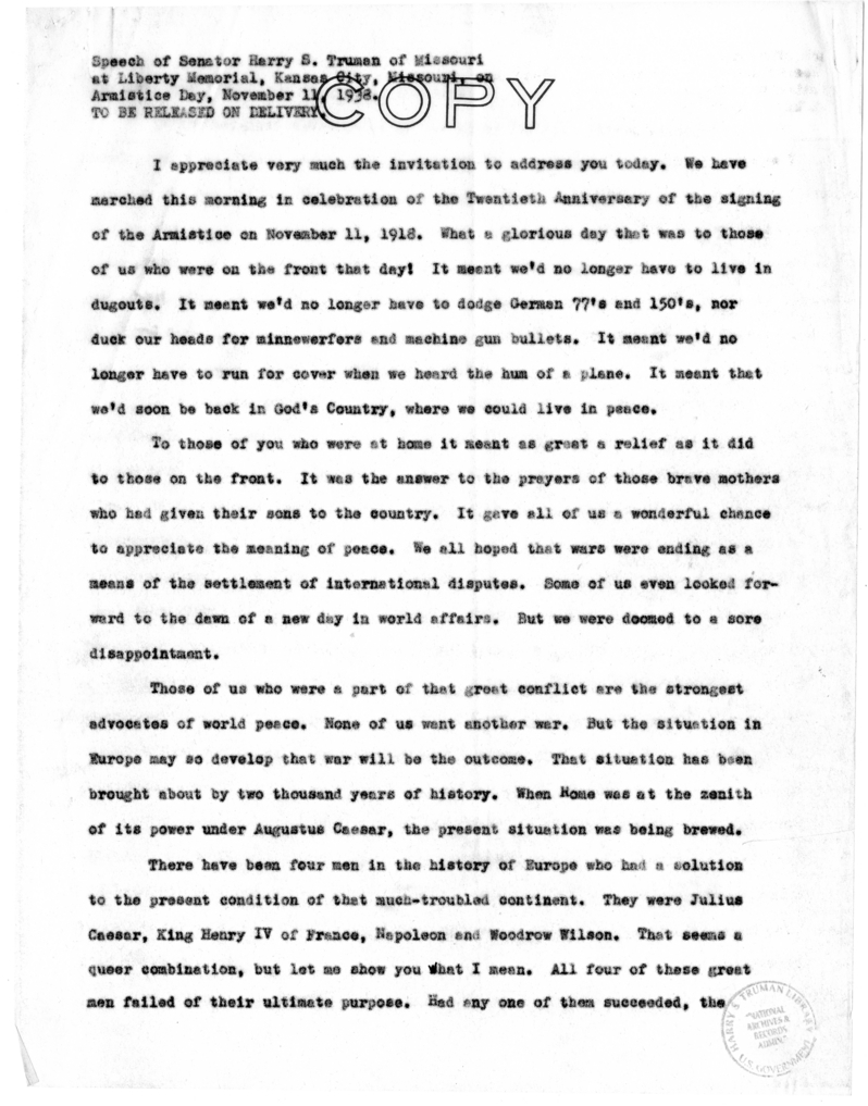 Speech of Senator S. Truman at Liberty Memorial, Kansas City, Missouri