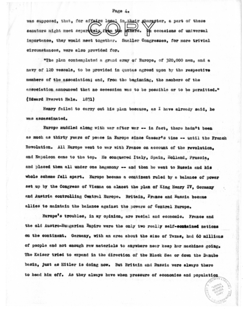 Speech of Senator S. Truman at Liberty Memorial, Kansas City, Missouri