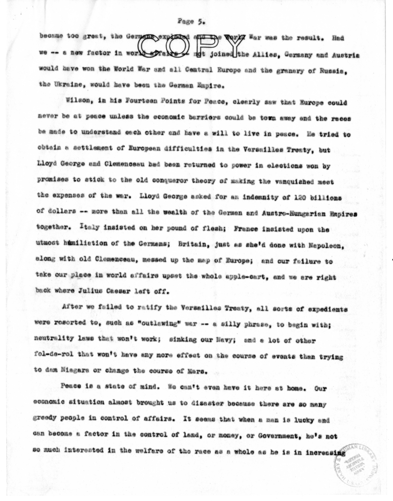 Speech of Senator S. Truman at Liberty Memorial, Kansas City, Missouri